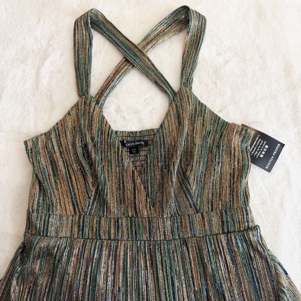 Boston Proper Metallic Green Gold Maxi Dress V-Neck NWT Women’s L - Picture 6 of 14